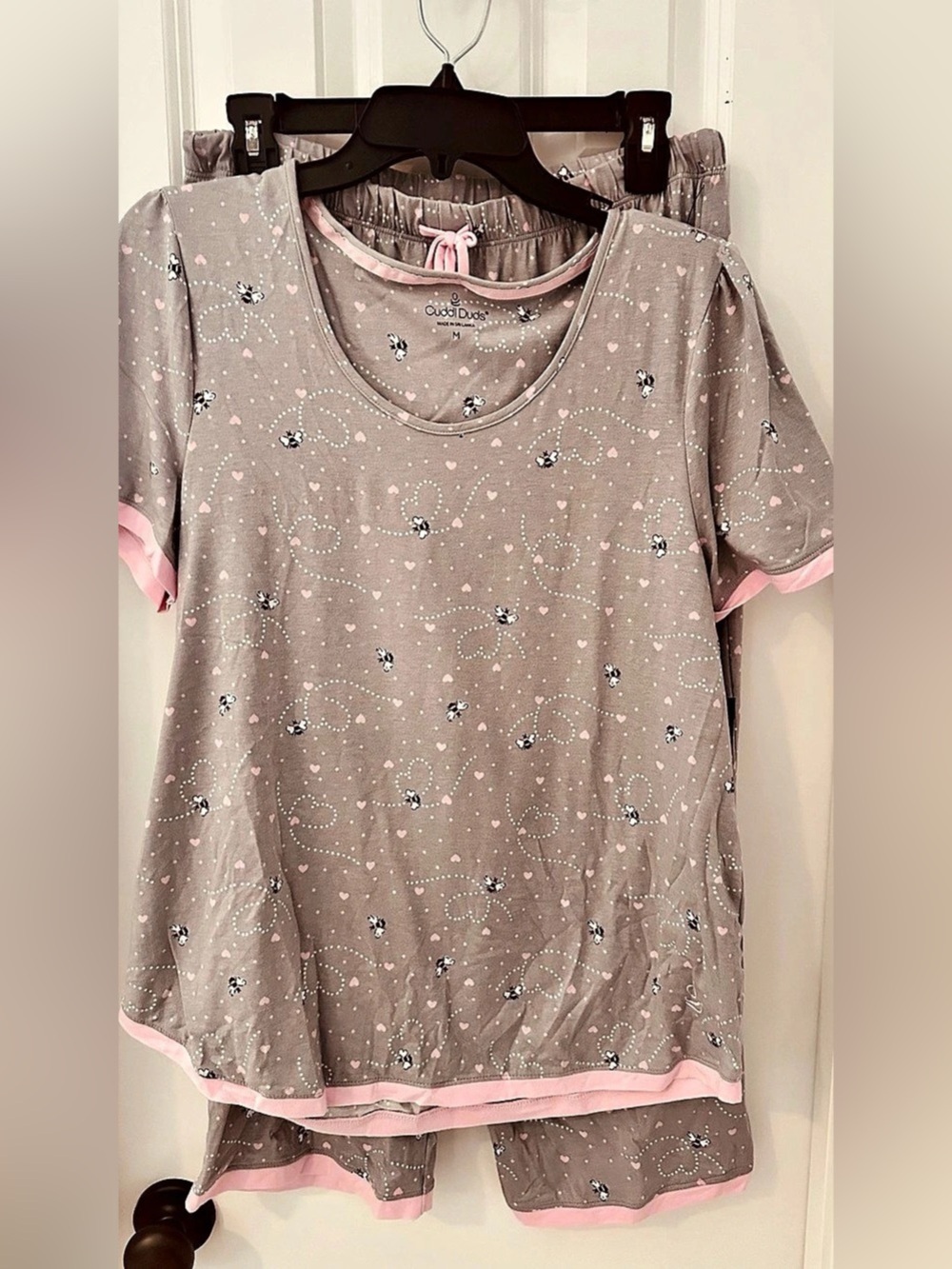 Cuddl Duds Cropped PJ - S/S Pajama Set Gray & Pink Size Medium NWT